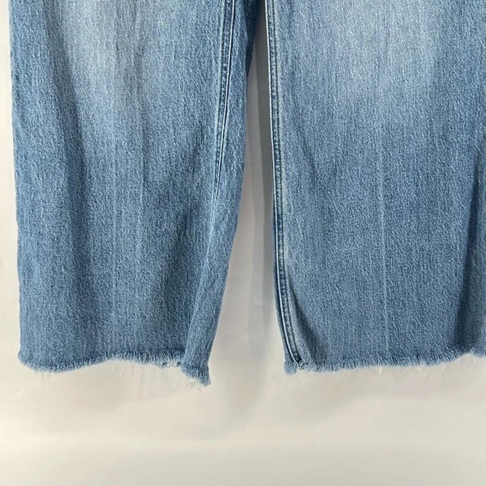 J. Crew Wide Leg Trouser Jeans Sz 28 High Rise Raw Hem Light Wash Denim Festival